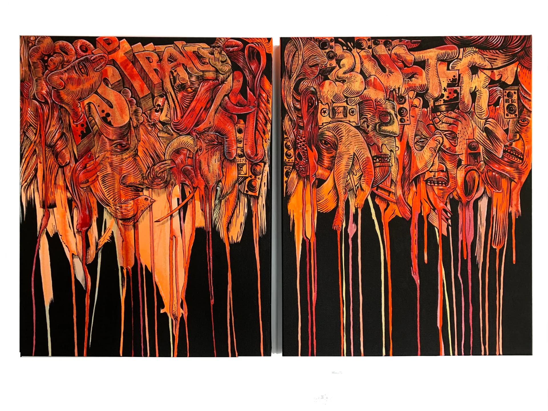 Two-panel mixed-media artwork with intricate red and orange figures dripping downward against black background.