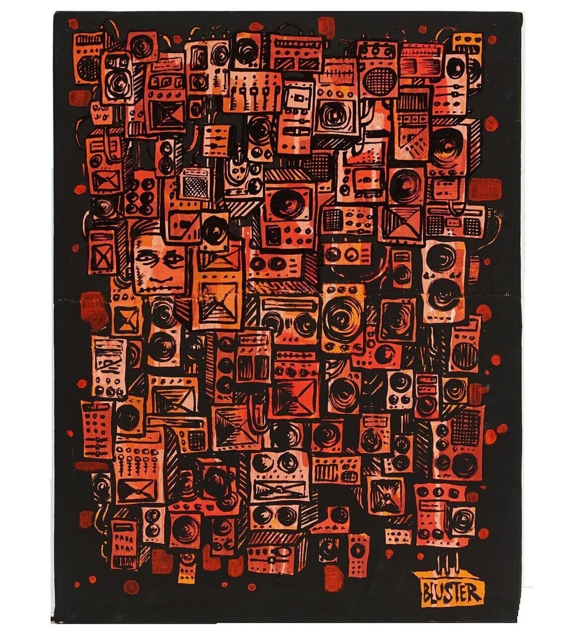 Dense composition of red and orange audio equipment, speakers, and electronic devices on black background with artist signature.