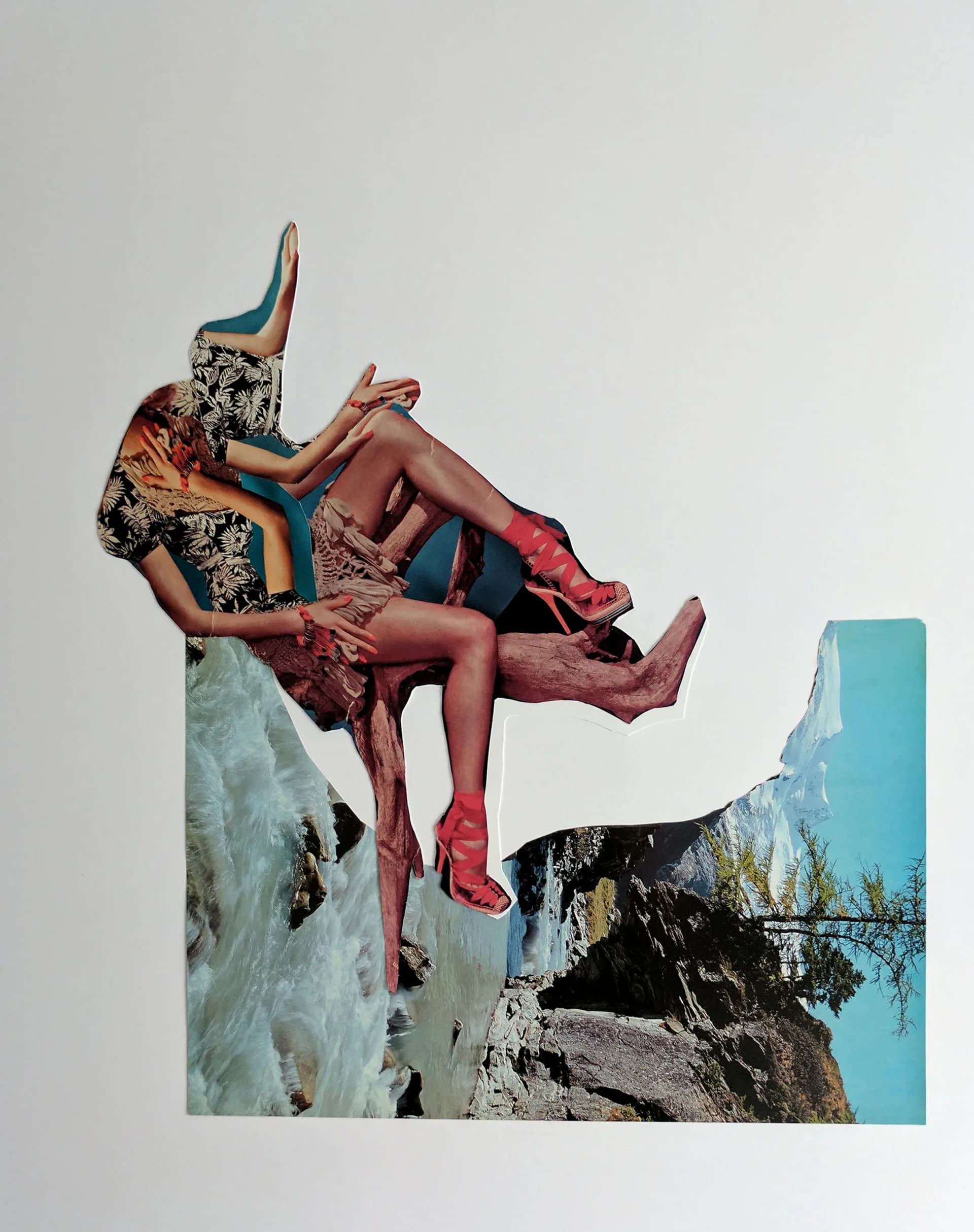 Collage of fashion figures with red boots and heels layered over rocky mountain landscape