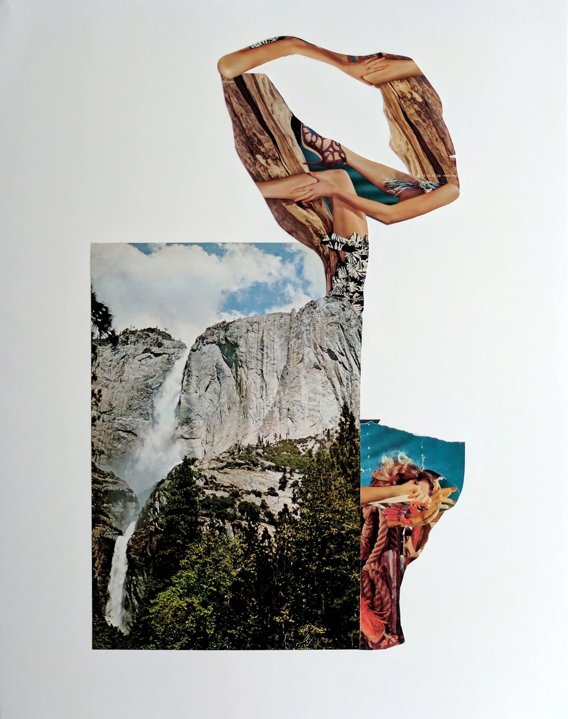 Collage with figure formed from wood and body fragments hovering above Yosemite waterfall landscape