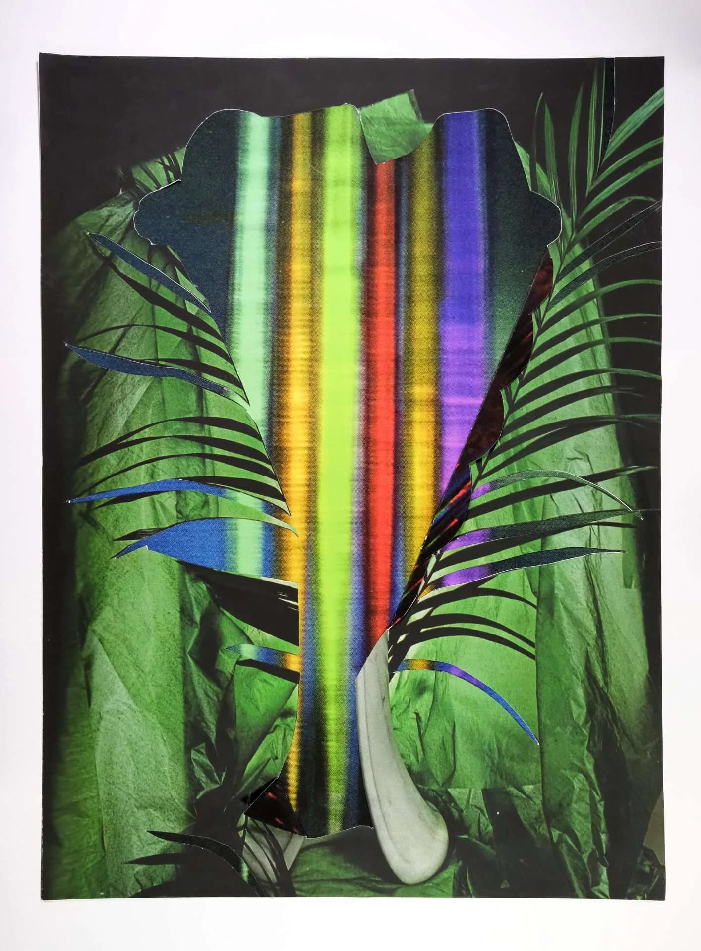Mixed-media collage combining a figure in colorful clothing with architectural and landscape photographs, featuring blacks, pinks, teals, and grays in an abstract composition.