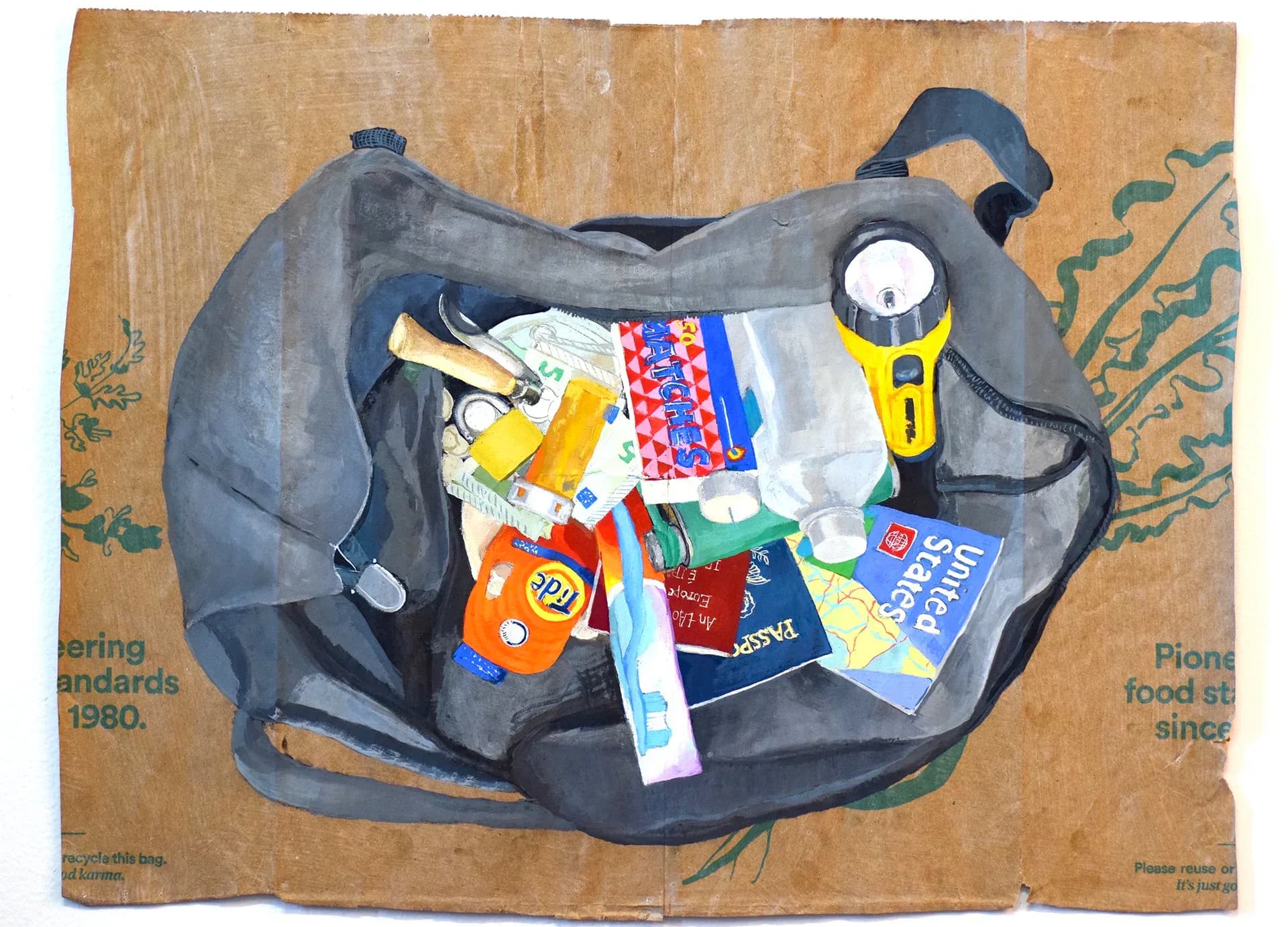 Painting of an open gray duffel bag filled with travel items including a passport, map, Tide detergent, and flashlight on a Whole Foods paper bag