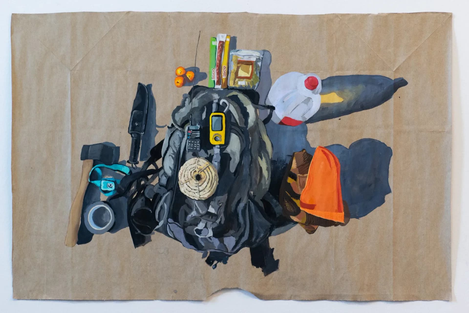 Painting of emergency preparedness gear including a backpack, hammer, radio, hard hat, and supplies on a brown paper surface