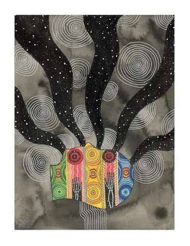 Colorful mixed-media artwork featuring multiple patterned human heads against a starry dark background