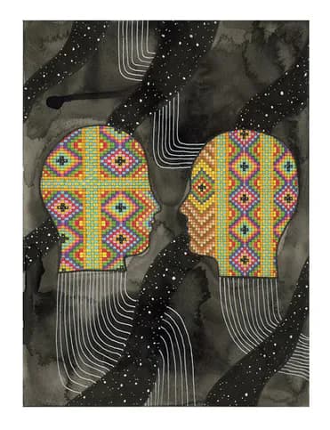 Two facing profile heads filled with colorful geometric/textile patterns against a dark starry watercolor background