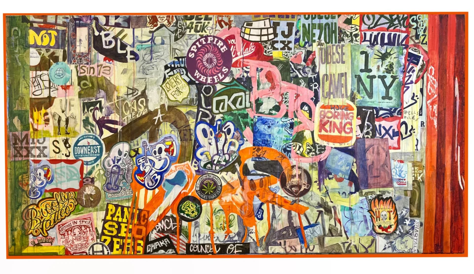 Large-scale mixed media painting with stickers, graffiti tags, and urban imagery on orange-framed canvas