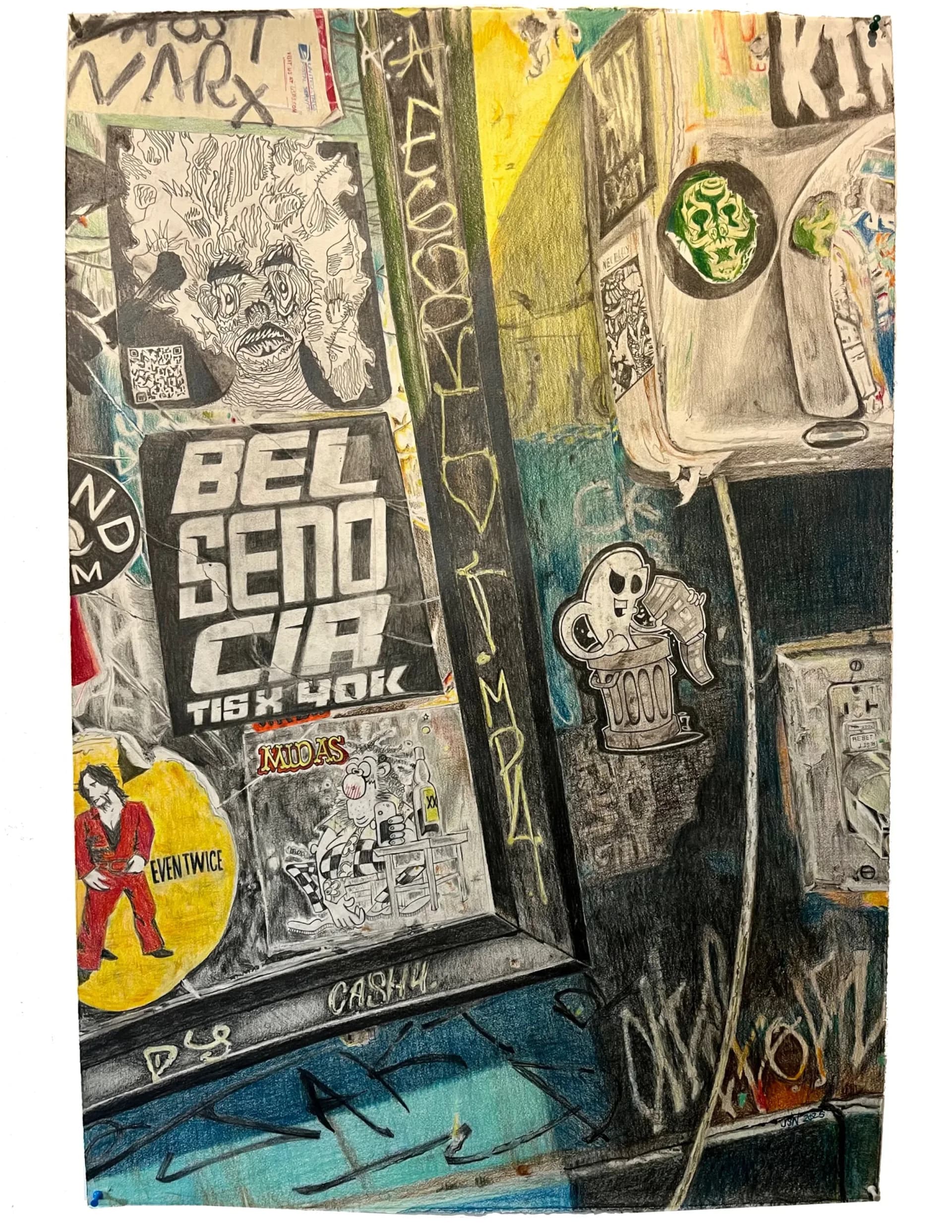 Colored pencil drawing depicting a sticker-covered doorway with graffiti and urban street art imagery