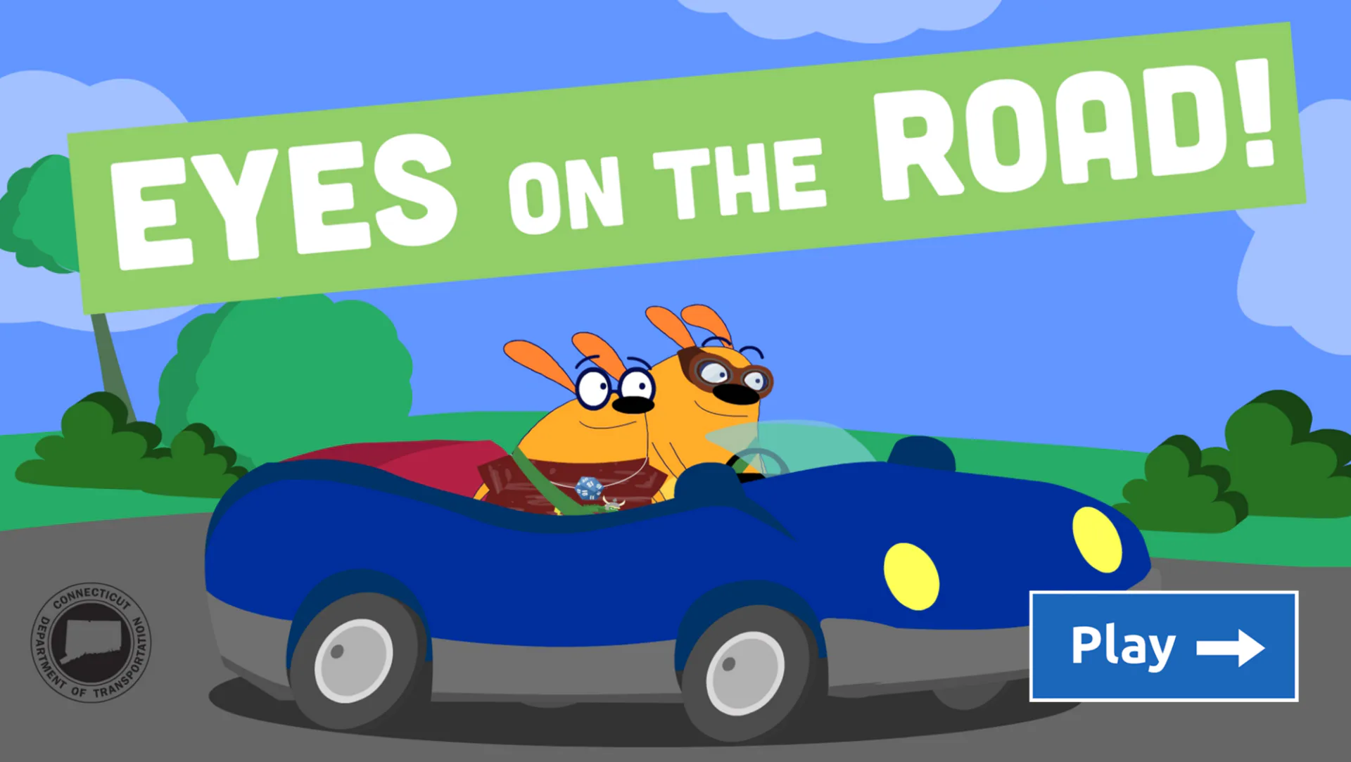 Eyes on the Road game splash screen featuring cartoon dog characters in a blue sports car