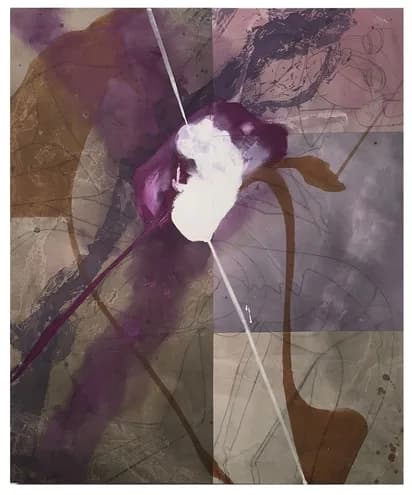 Large-scale abstract mixed media work with pink, purple and brown tones featuring layered gestural forms