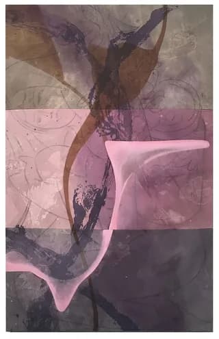 Abstract mixed media painting with purple, grey and brown tones with gestural white and organic forms
