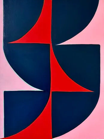 Abstract geometric painting with navy blue semicircles and bold red shapes on pink background