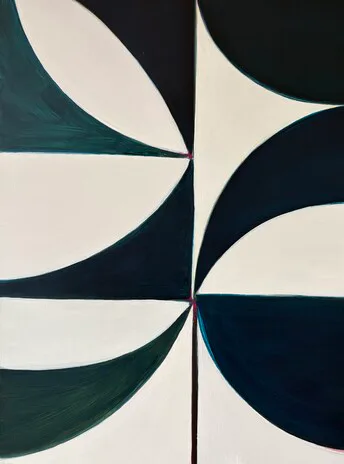 Abstract geometric painting with dark teal and white large semicircles on a minimal composition