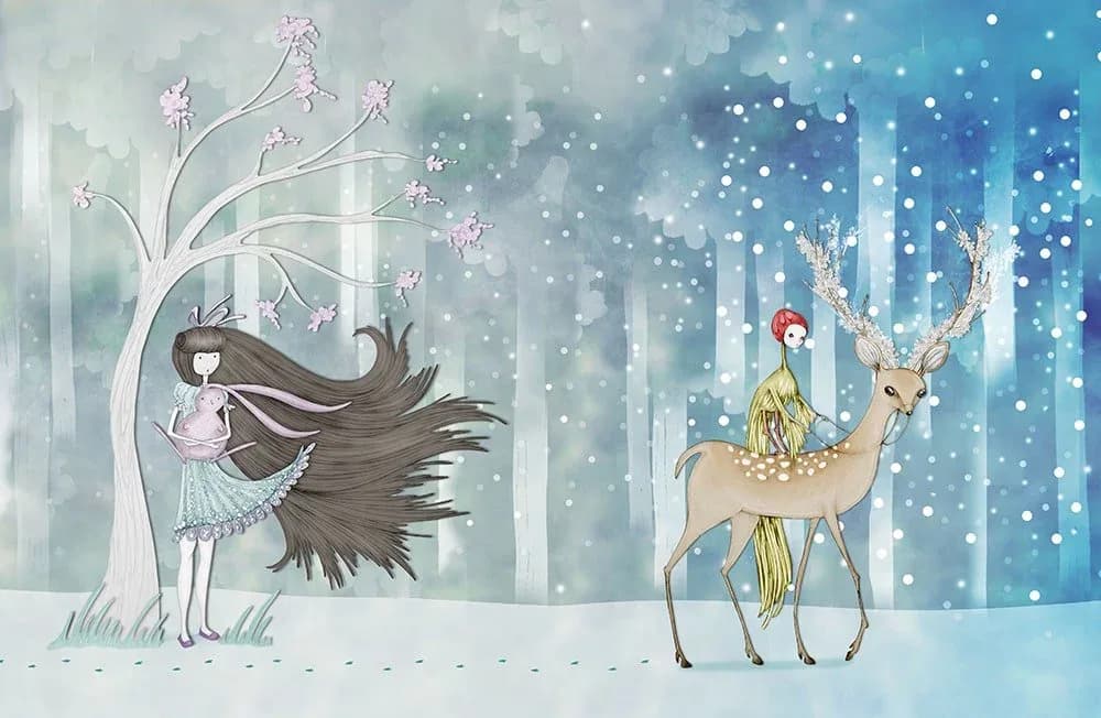 Girl with long flowing hair holding a bunny stands beside a deer with a small creature on its antlers in a snowy forest