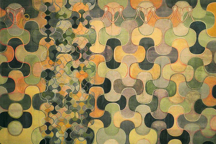 Abstract painting with overlapping organic curved shapes in muted greens, golds, oranges, and blacks, creating a rhythmic interlocking pattern.