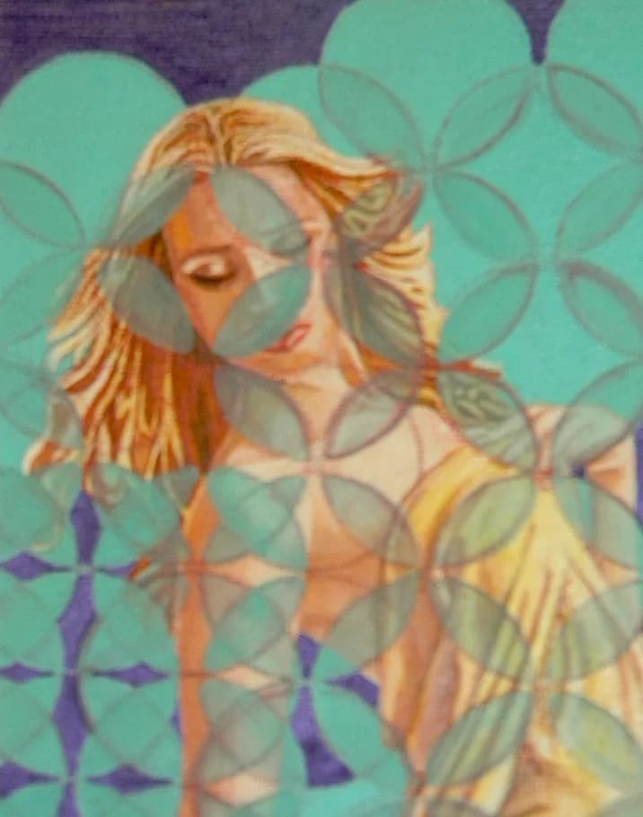 Figurative painting of a woman with blonde hair against a turquoise background, overlaid with geometric floral and circle patterns in muted tones.