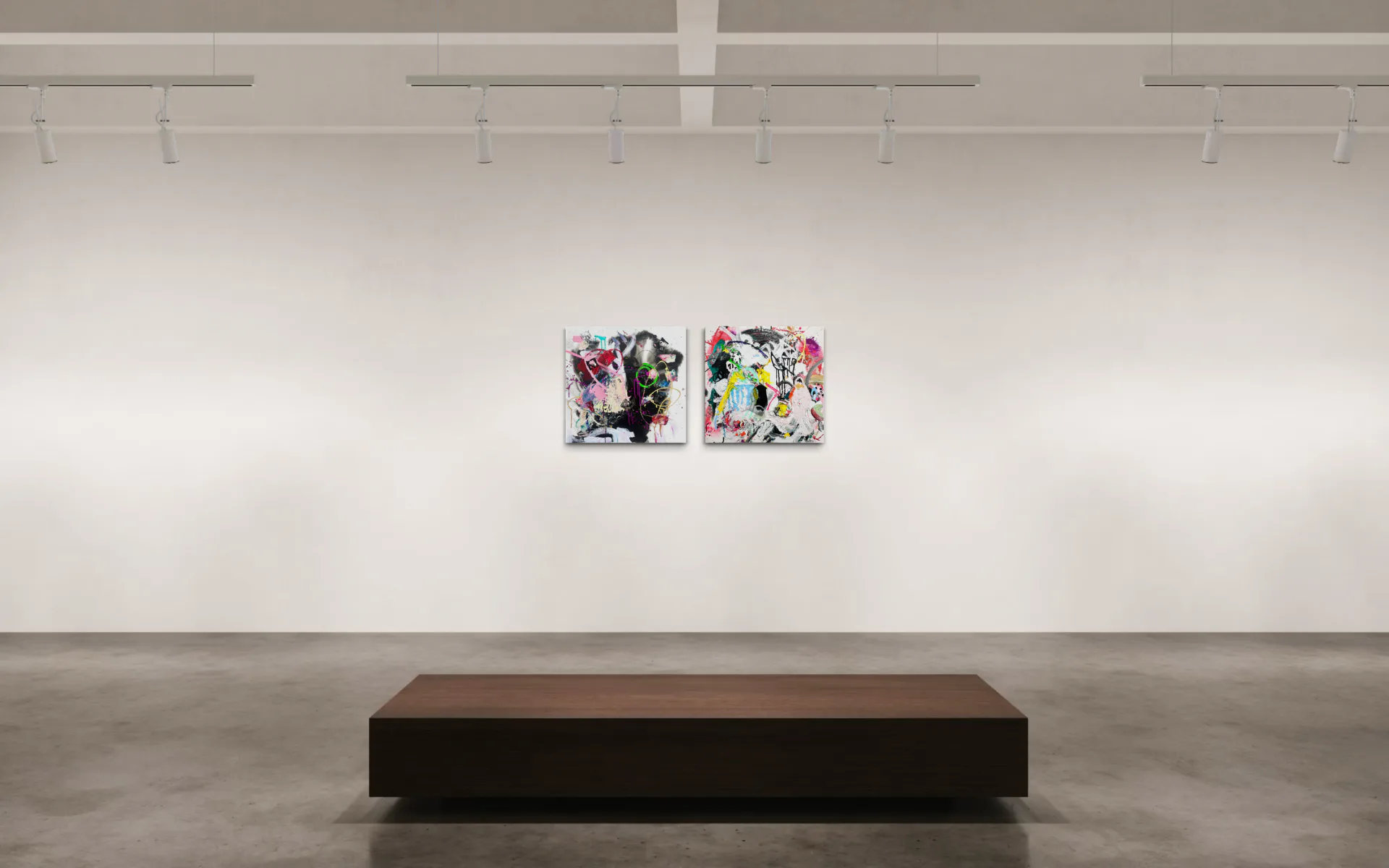 Gallery installation view of two colorful abstract mixed-media diptych paintings