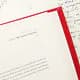 Blank notepad or journal page with red binding edge and faint text lines.