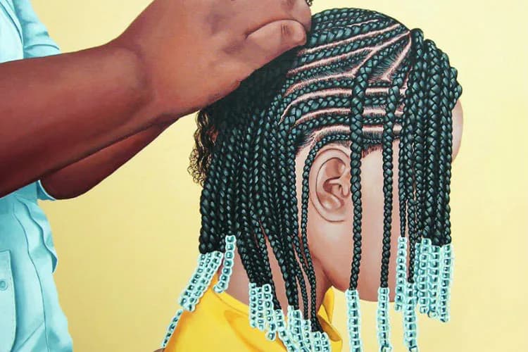 Painting of child with braided hairstyle with blue beads and geometric patterns, wearing yellow shirt against yellow background.