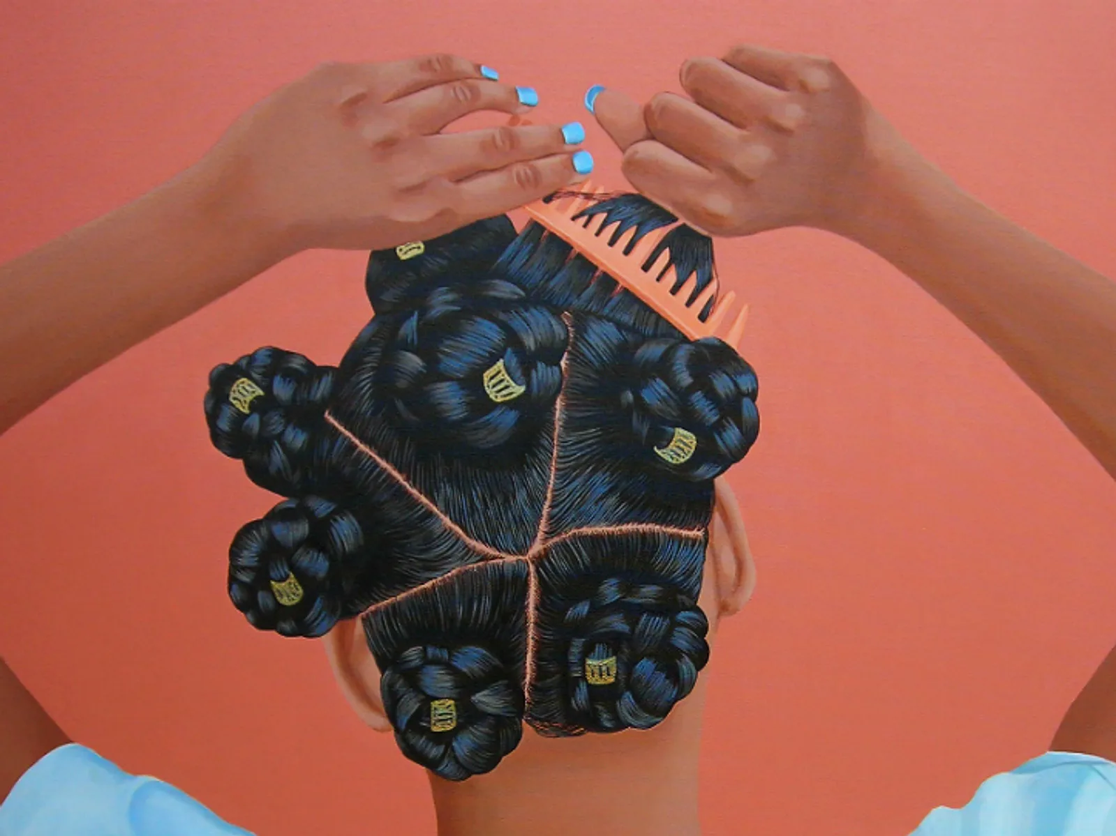 Painting of hands holding bundle of black braided hair with blue beads and peach comb, coral background.