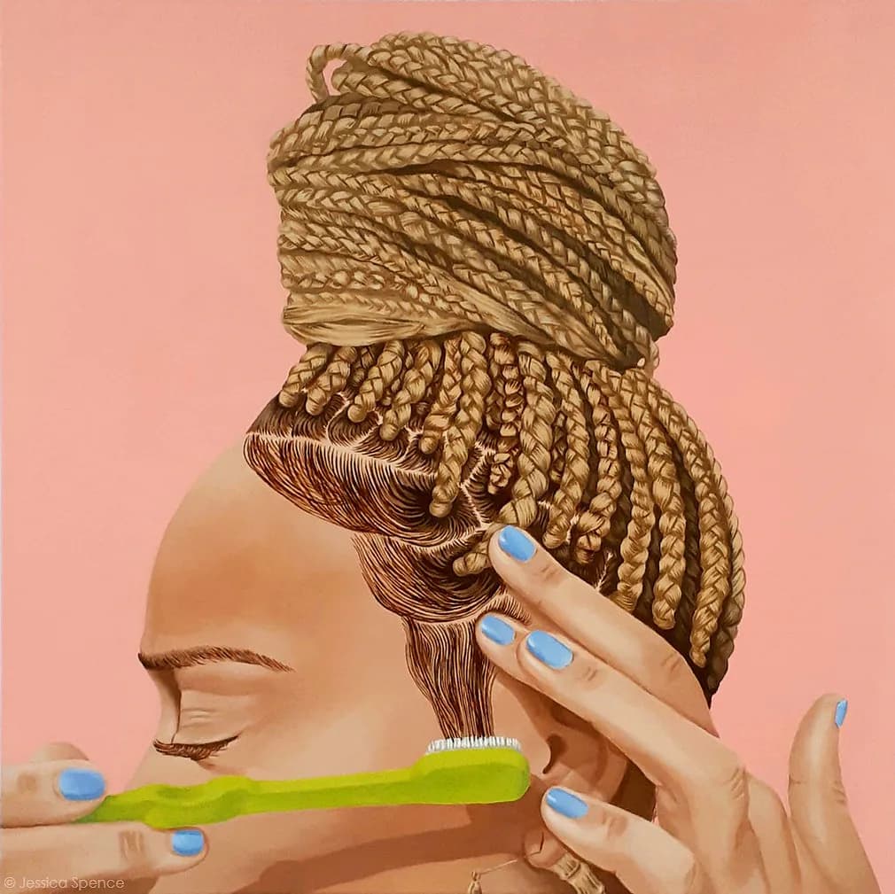 Painting of person with braided bun hairstyle and blue nails holding green brush, coral background.