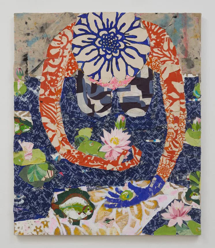 Mixed media collage with large circular form, water lilies, koi fish, and vibrant blue and orange patterned fabrics