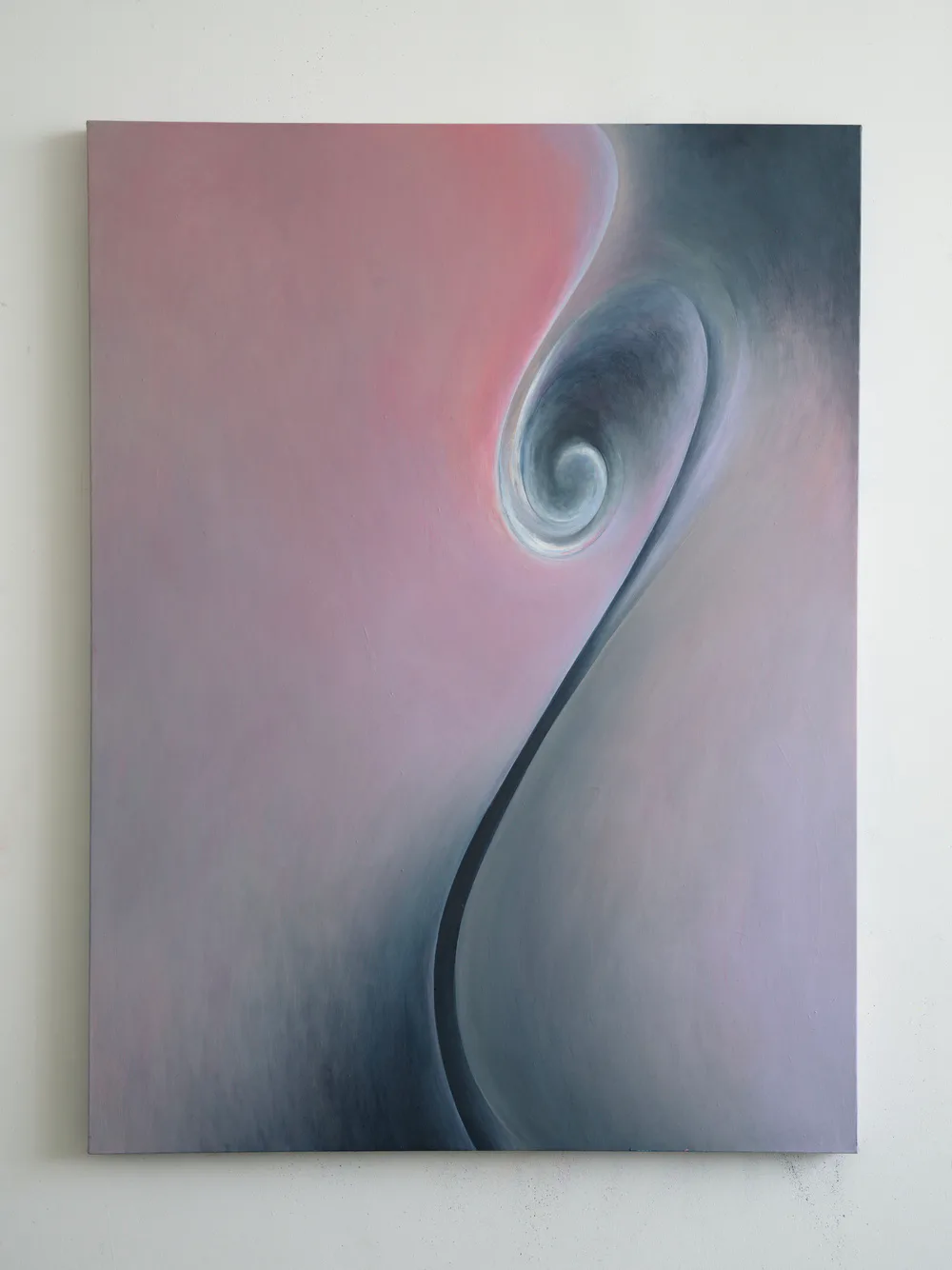 Abstract painting with pink and grey-blue swirling form on canvas, front view