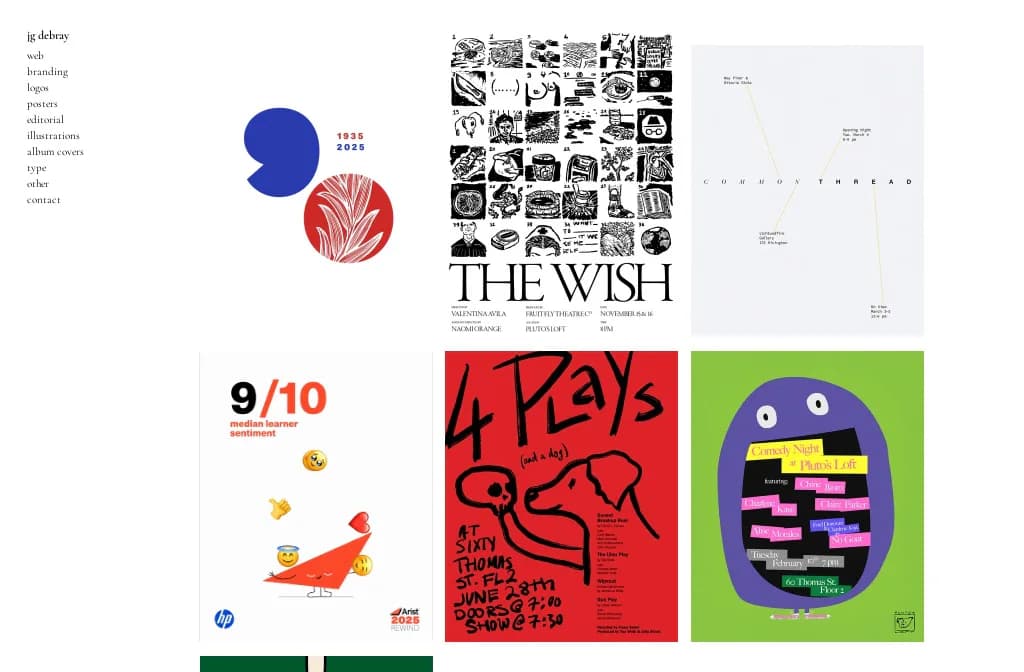 Collage of graphic design work including abstract shapes, typography specimens, colorful poster designs, and layout studies in blue, red, and green.