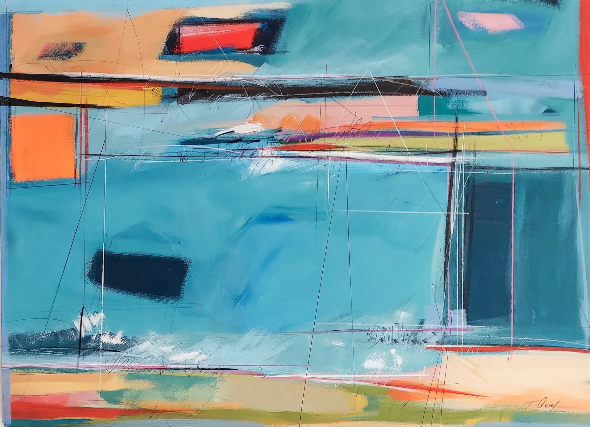 Abstract mixed media painting with teal, orange, and red geometric forms and gestural line work