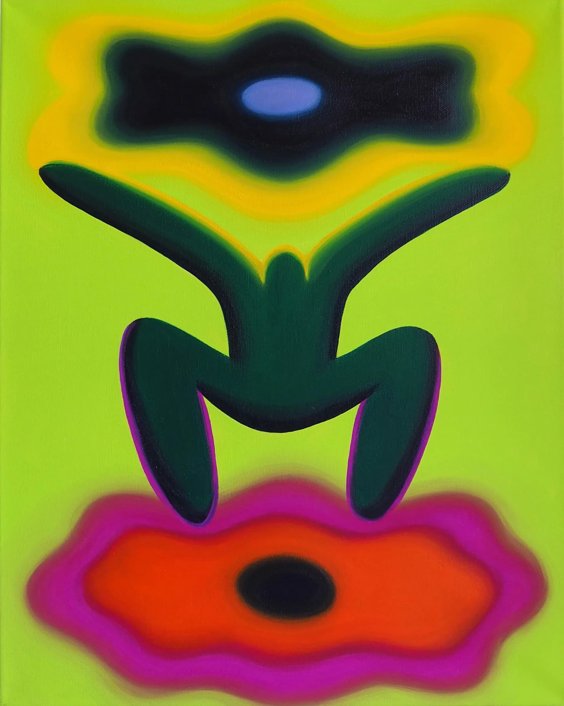 Painting of a blue abstract seated figure with orange outline on a green-to-black gradient background