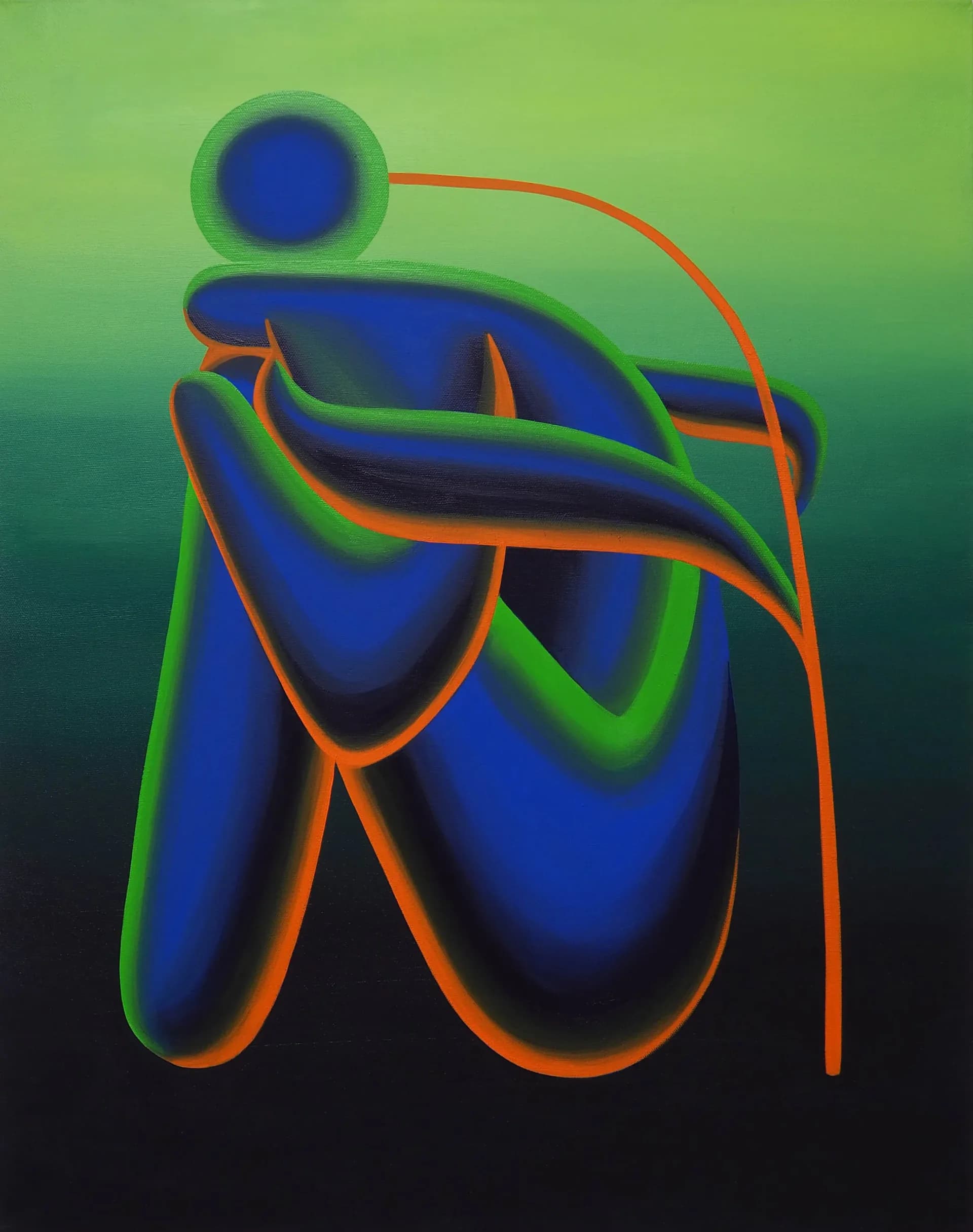 Painting of a dark green abstract figure between vivid neon flowers on a lime green background