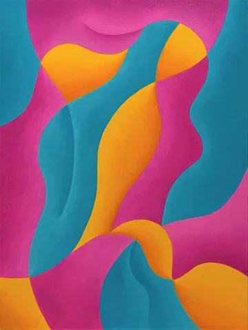 Large-scale abstract painting with flowing, intertwined organic shapes in teal, magenta, orange, and yellow creating a dynamic composition.