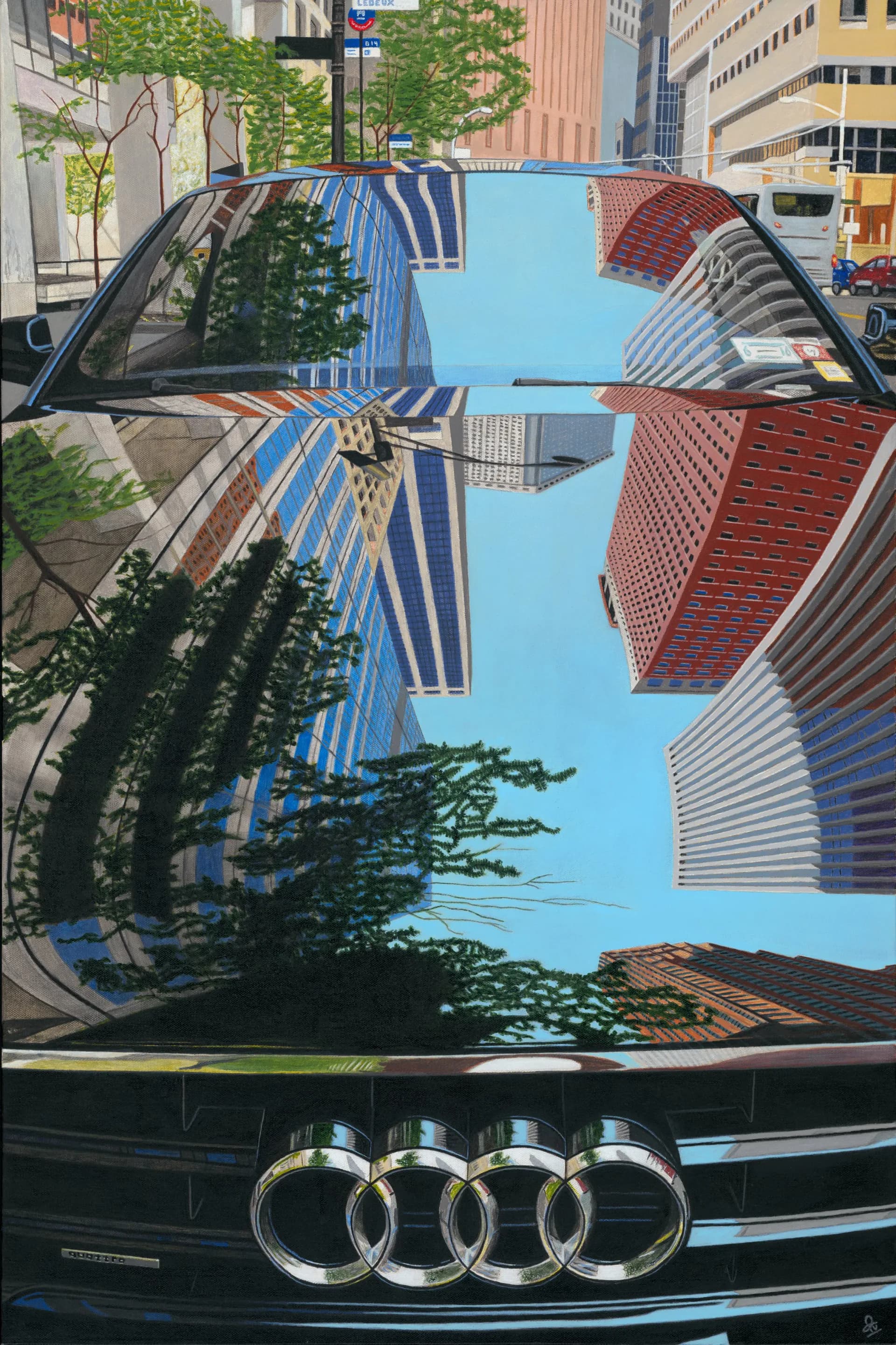 Painting of a figure in a robot torso seated in an ornate red armchair reading