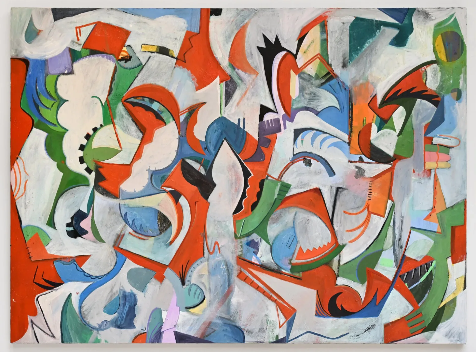 Abstract painting dominated by red-orange and green dynamic forms on a white ground