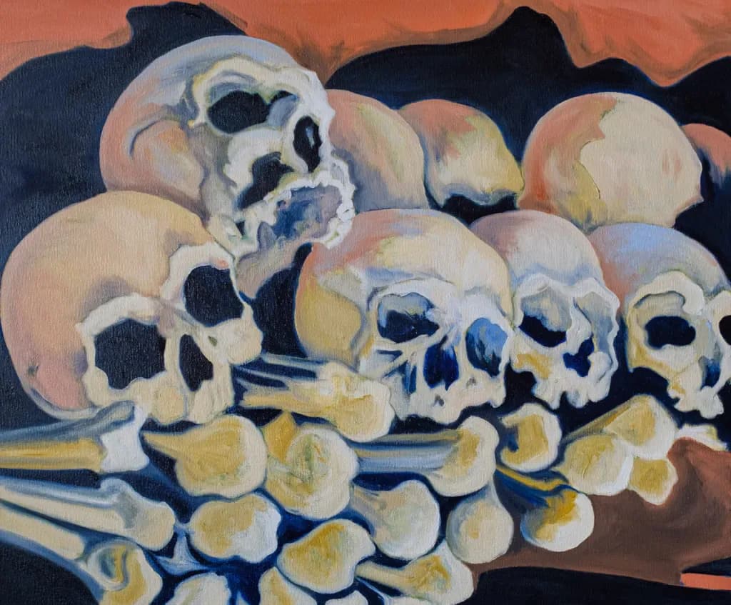 Painting of skulls and bones piled together against a dark background with orange-red upper tones