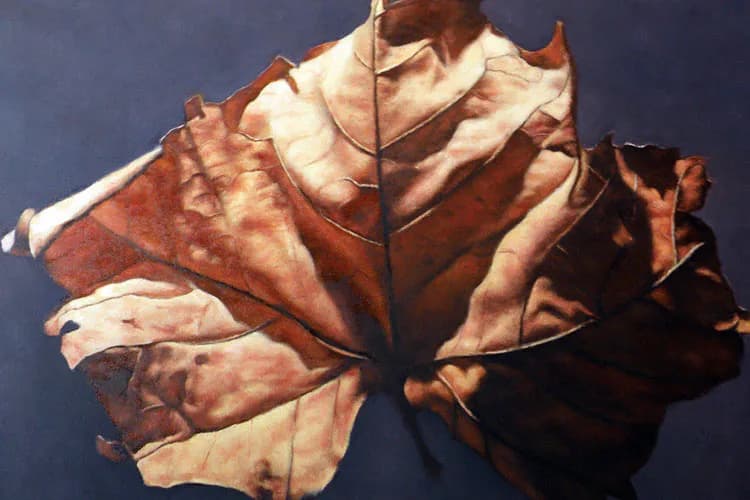 Abstract painting of a dried leaf in rust, brown, and cream tones against a dark blue background, created by John Folchi.