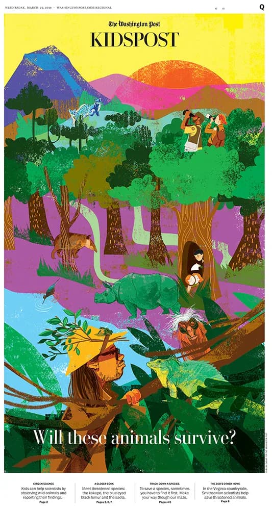 Washington Post KidsPost cover illustration of a lush jungle landscape with endangered animals and a child explorer