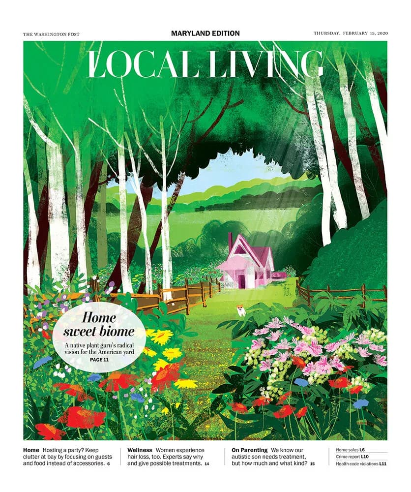 Washington Post Local Living cover showing a lush green forest with a pink cottage