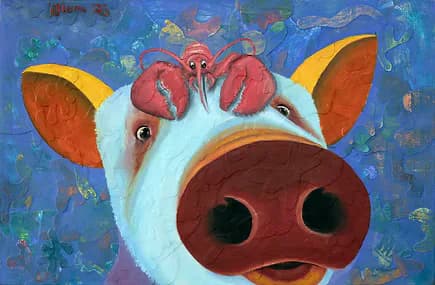 Close-up painting of a cow's face with a lobster on its head against a blue background