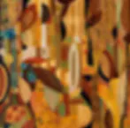 Mixed-media collage with golden-yellow background, featuring vibrant teal and brown patterned elements and abstract forms.