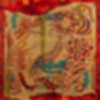 Small mixed-media piece on warm terracotta ground with red, teal, and gold geometric patterns and figural elements.