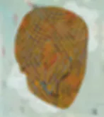 Mixed-media work on light background featuring brown oval form with geometric teal and rust-colored patterned details.