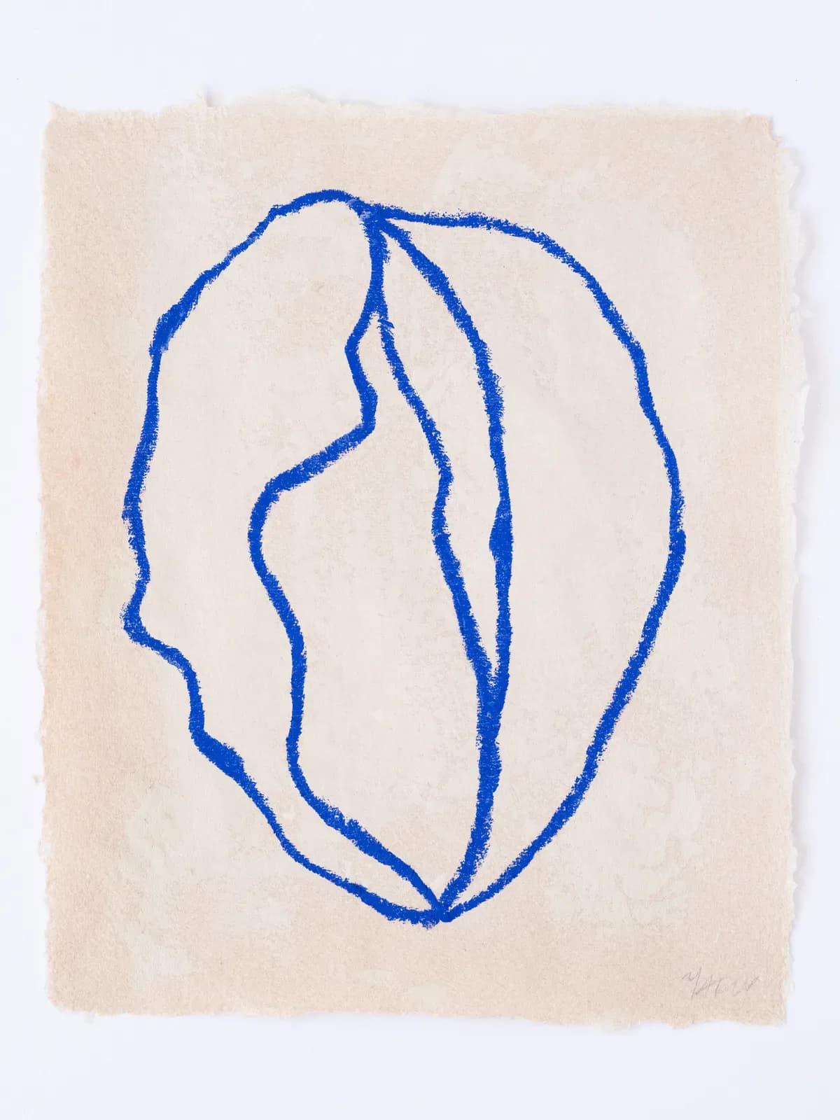 Abstract blue crayon drawing of a wavy organic form on handmade beige paper