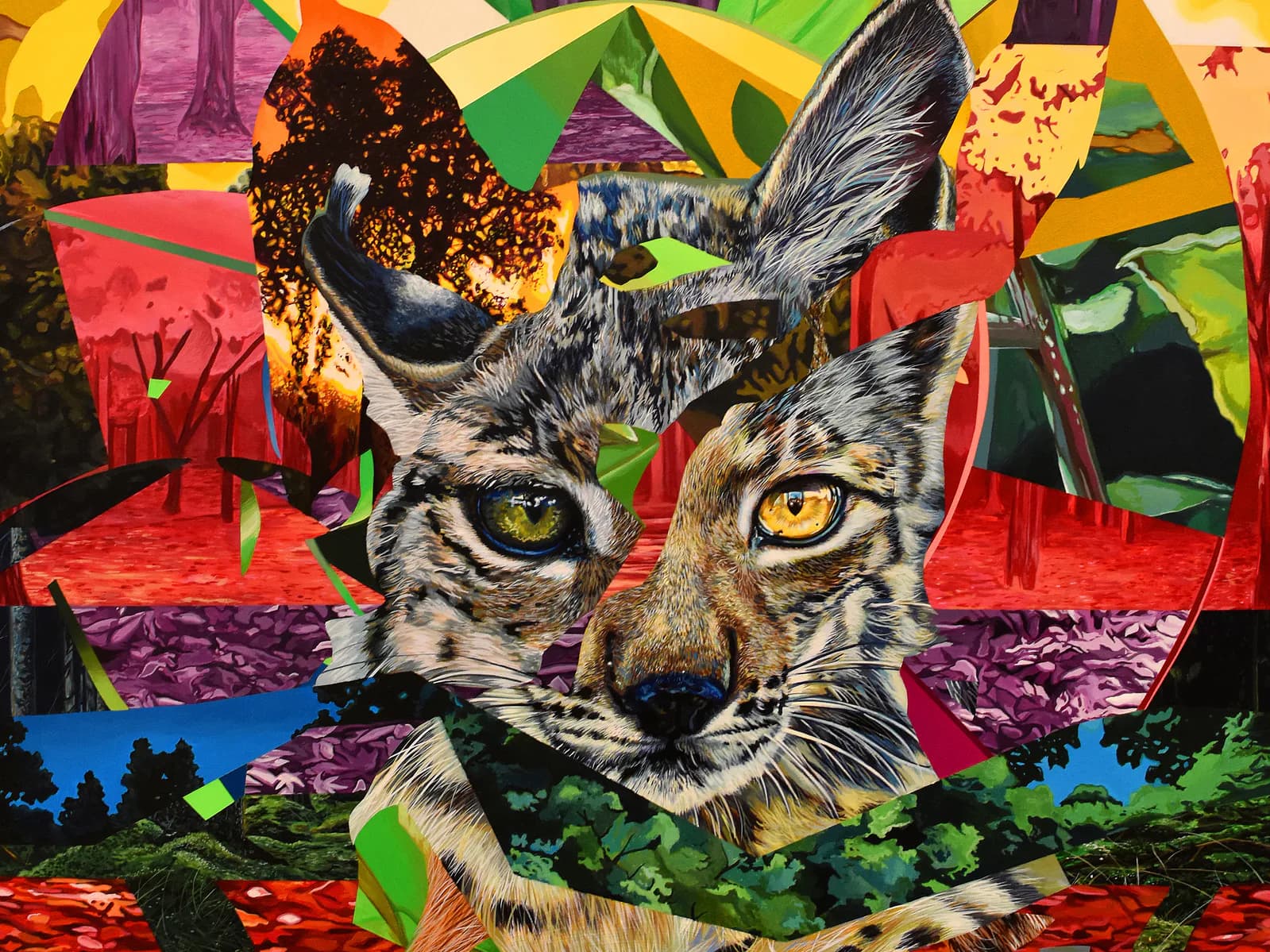 Vibrant mixed-media mural of a wild cat with golden eyes surrounded by colorful abstract shapes, flowers, and bold geometric forms.