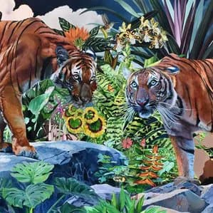 Mixed-media collage depicting two tigers among lush tropical flowers and foliage in naturalistic and abstracted styles.