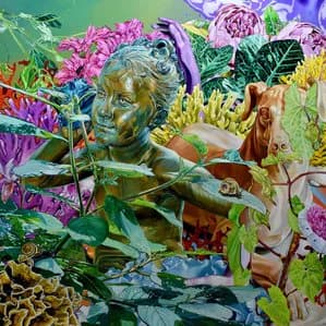 Colorful mixed-media artwork featuring a sculptural face surrounded by vibrant flowers, plants, and layered floral elements.