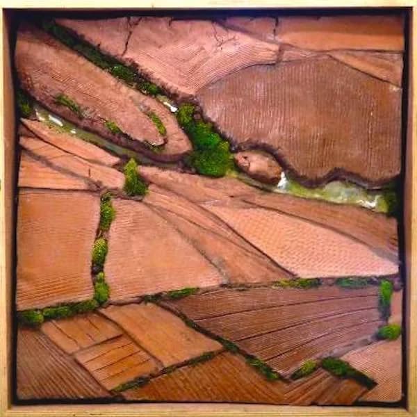 Aerial photograph-based artwork depicting patchwork agricultural fields in terracotta and brown tones with green vegetation boundaries.