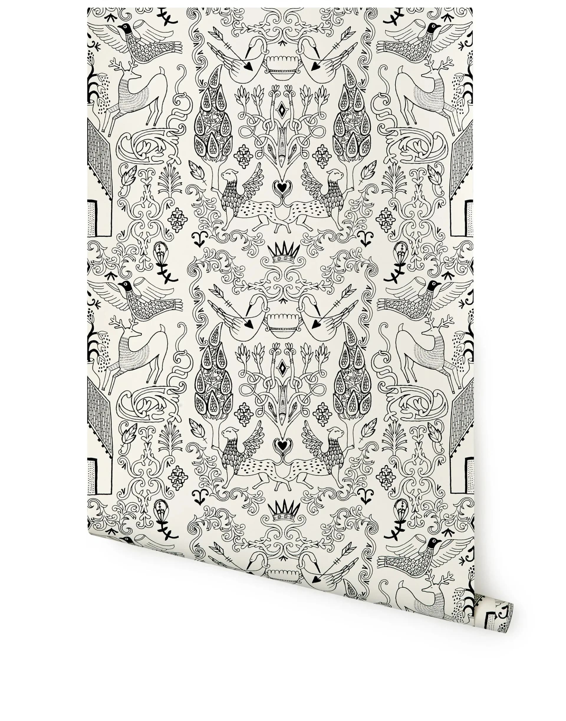 Black and white intricate folk-art animal damask wallpaper roll