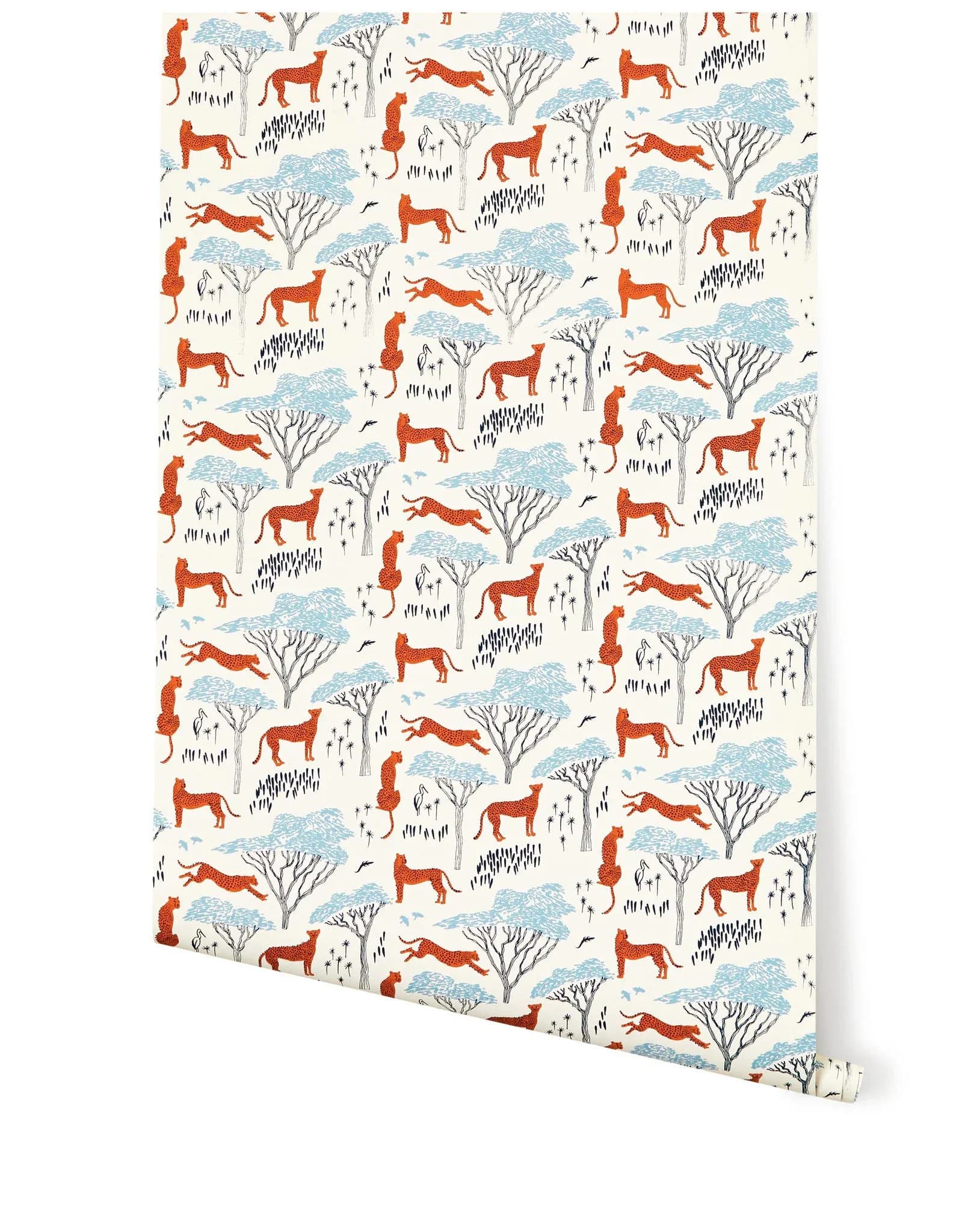 Serengeti cheetah and acacia tree wallpaper roll in burnt orange