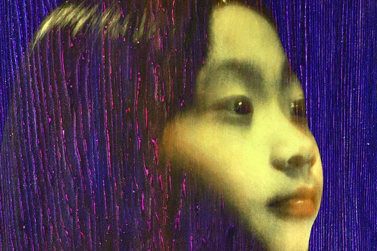 Stylized portrait of a face with yellow-green tones against a vibrant purple and magenta vertically-lined background; digital or mixed media work.