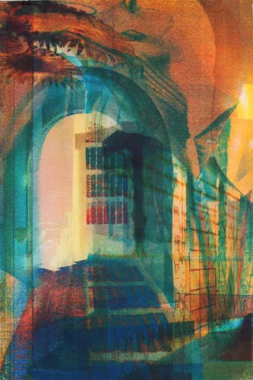 Layered mixed-media collage with architectural arch and warm teal tones